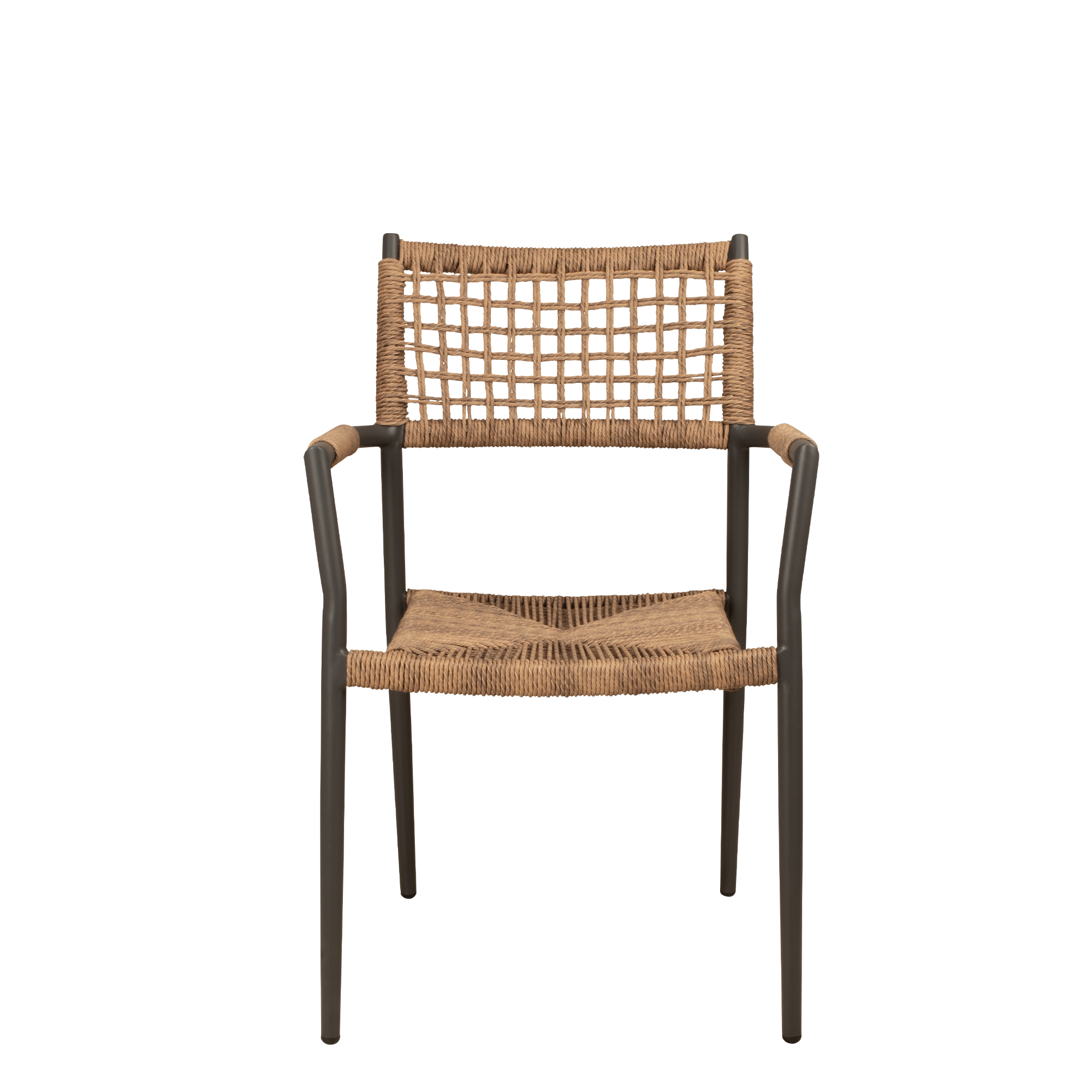 Sisson Wheat Outdoorstuhl mit Armlehnen und Flechtmuster – Frontal