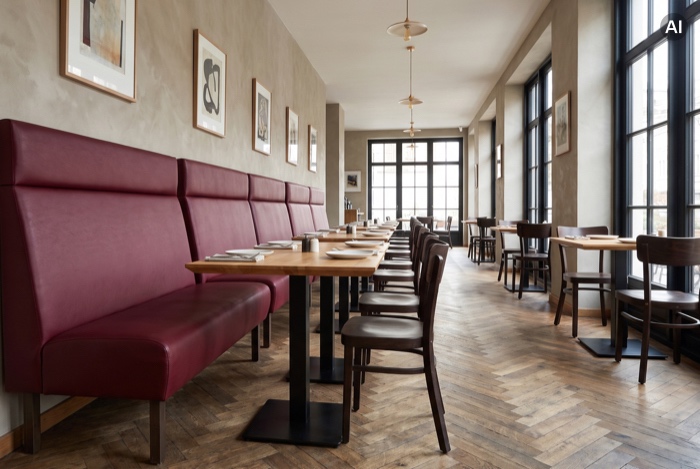Rote Polsterbank entlang einer Restaurantwand