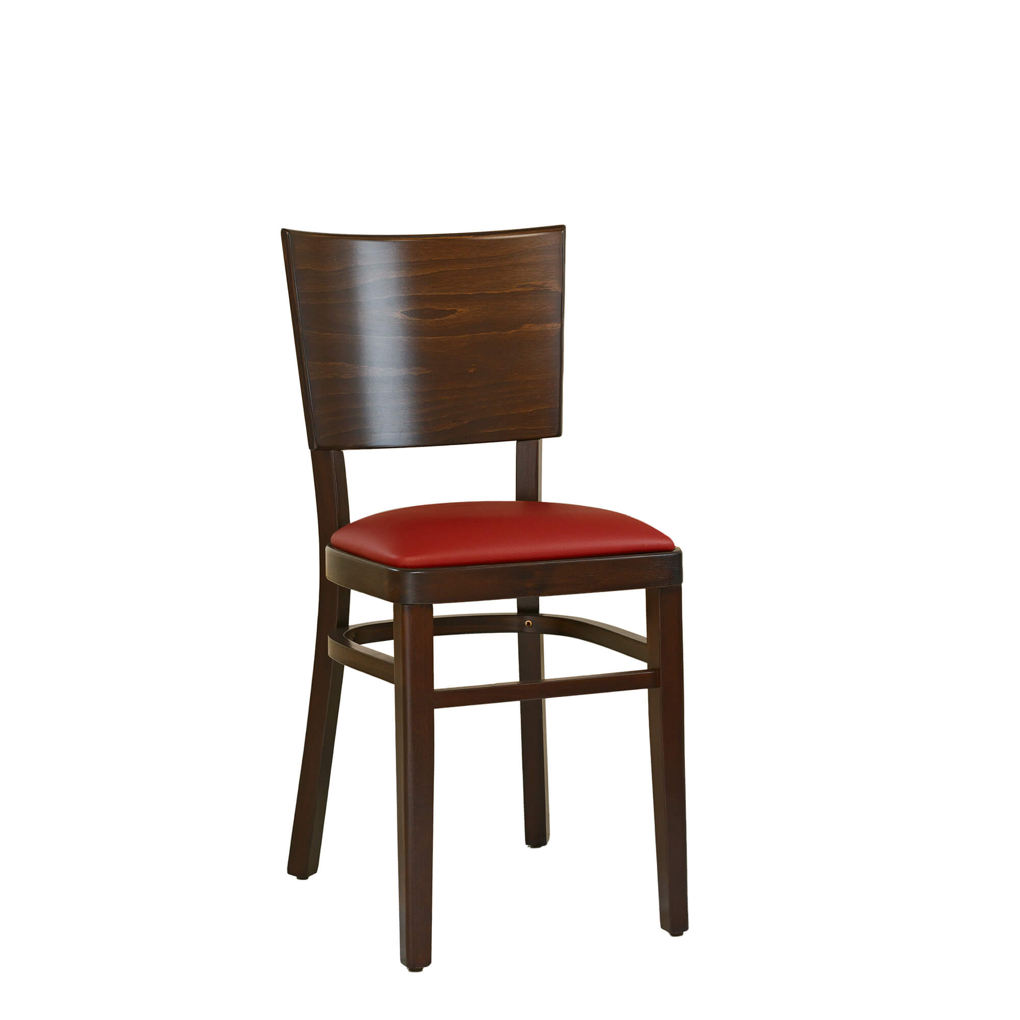 Holzstuhl_Muno-P_vorned4uZjk5pXomba Holzstuhl Muno-P, Vorderansicht: dunkles Holz, breite Rückenlehne, roter Polstersitz – als Bistro- und Restaurantstuhl.