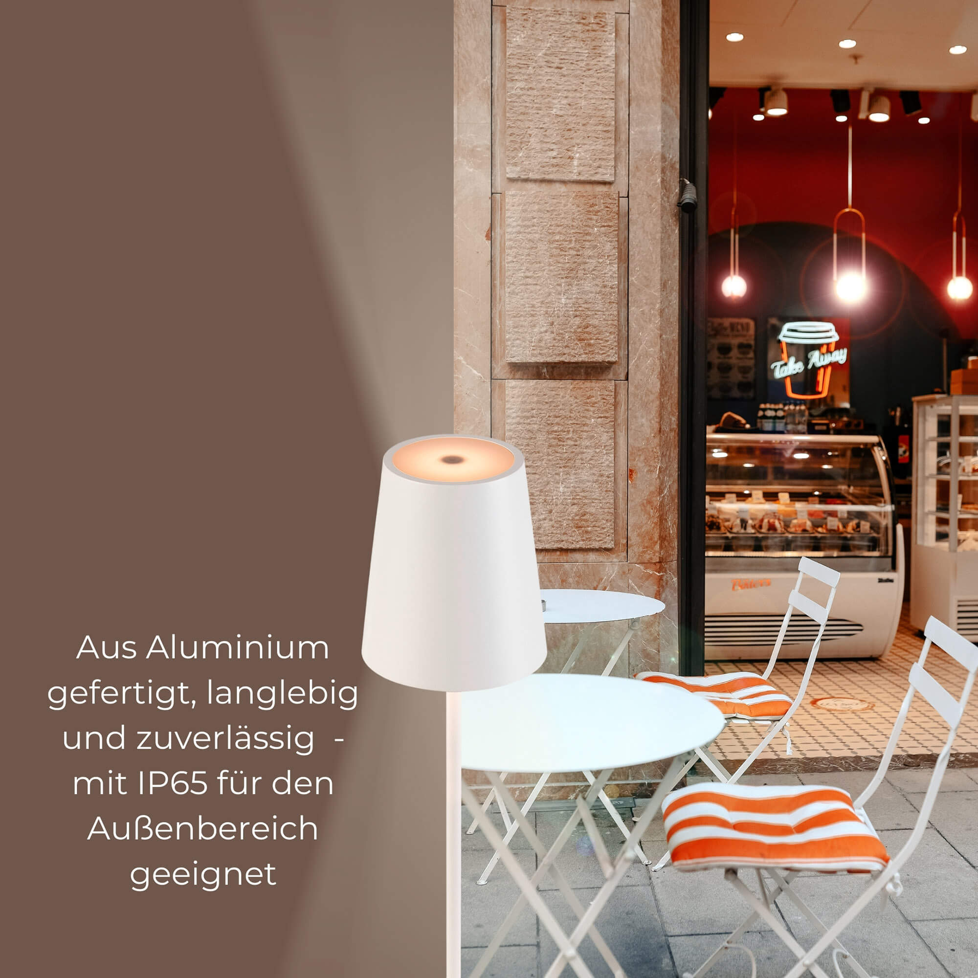 Outdoorlampe Vinolina two wweiß Outdoorlampe vinola two weiss mit außßenbereich eines restaurants im Hintergrund