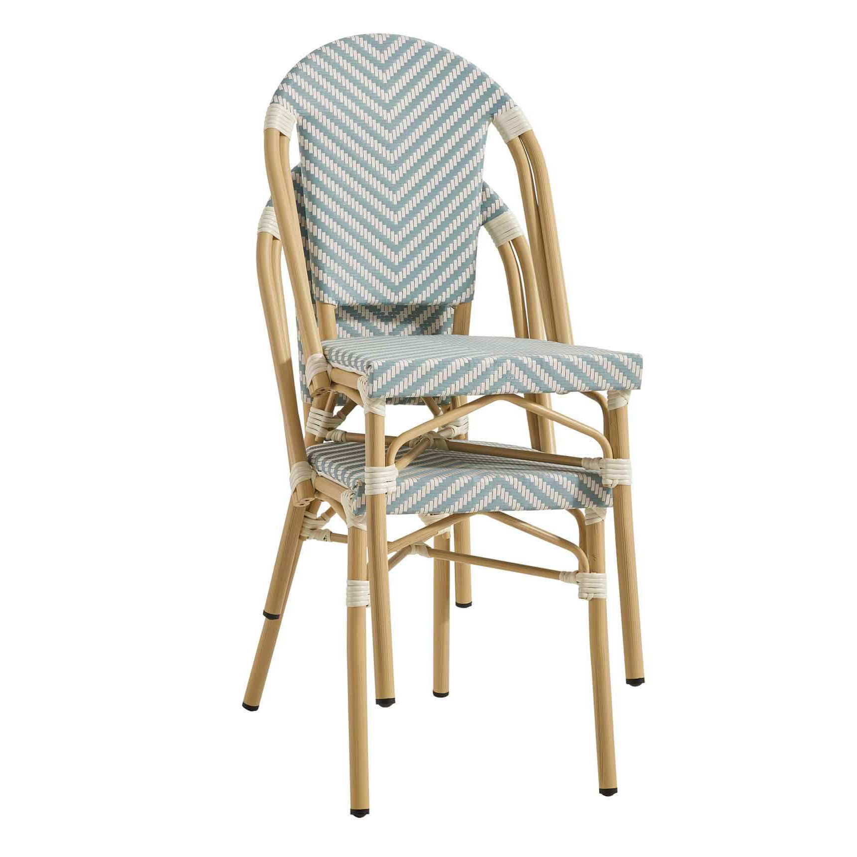 Zypern Blue White Outdoorstuhl mit Rückenlehne im hellblau-weißen Flechtmuster – Stapelansicht