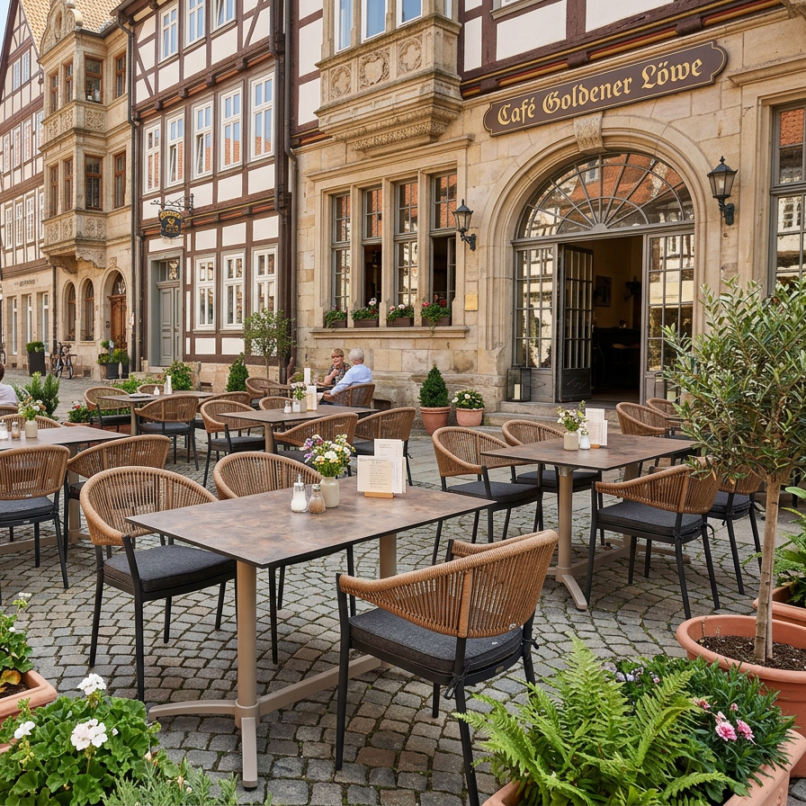 Gastronomiemoebel Outdoortischgestell Nora double Clap taupe - Milieubild