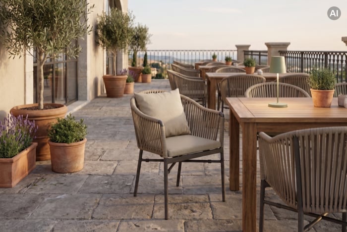 Outdoor-Sitzmöbel mit Kissen auf Terrasse