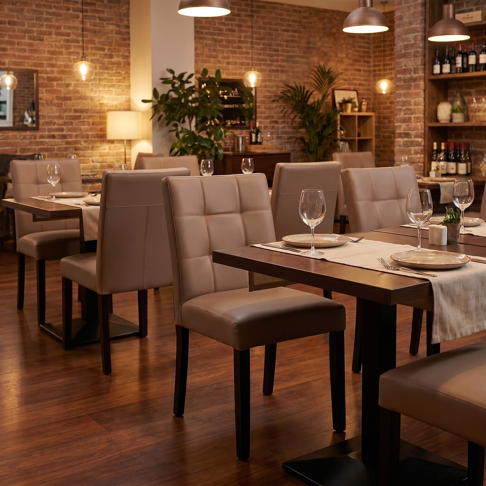 Polsterstuhl Daroa für Restaurants mit stilvoller Sitzpolsterung Polsterstuhl Daroa in modern eingerichteter Gastronomie mit gedeckten Tischen