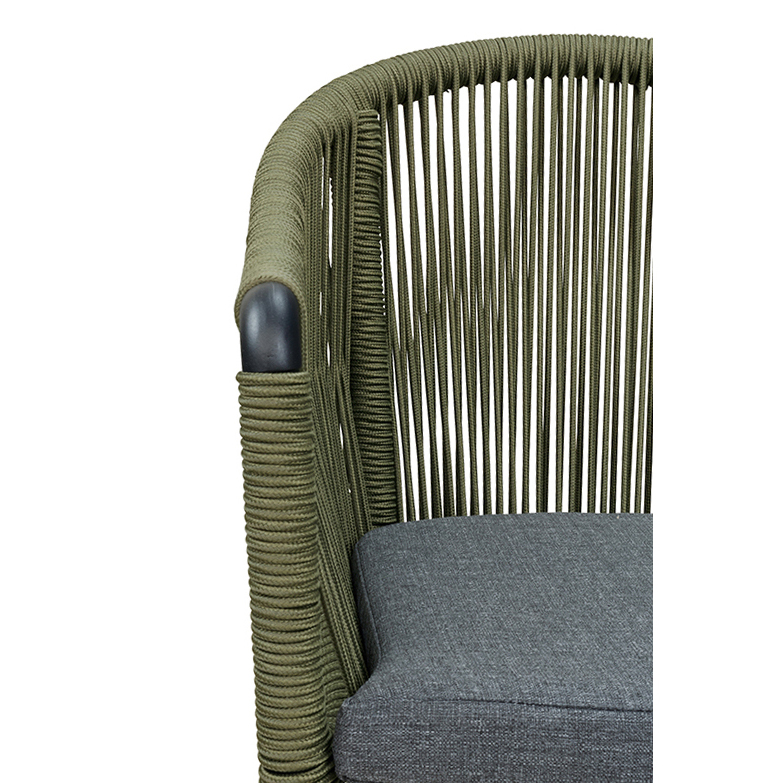 Ramila-TRR Green Terrassenstuhl mit beigem Aluminiumgestell und Textilen-Rücken, stapelbar und wetterfest für Gastronomie Detailansicht Geflecht & Sitzfläche