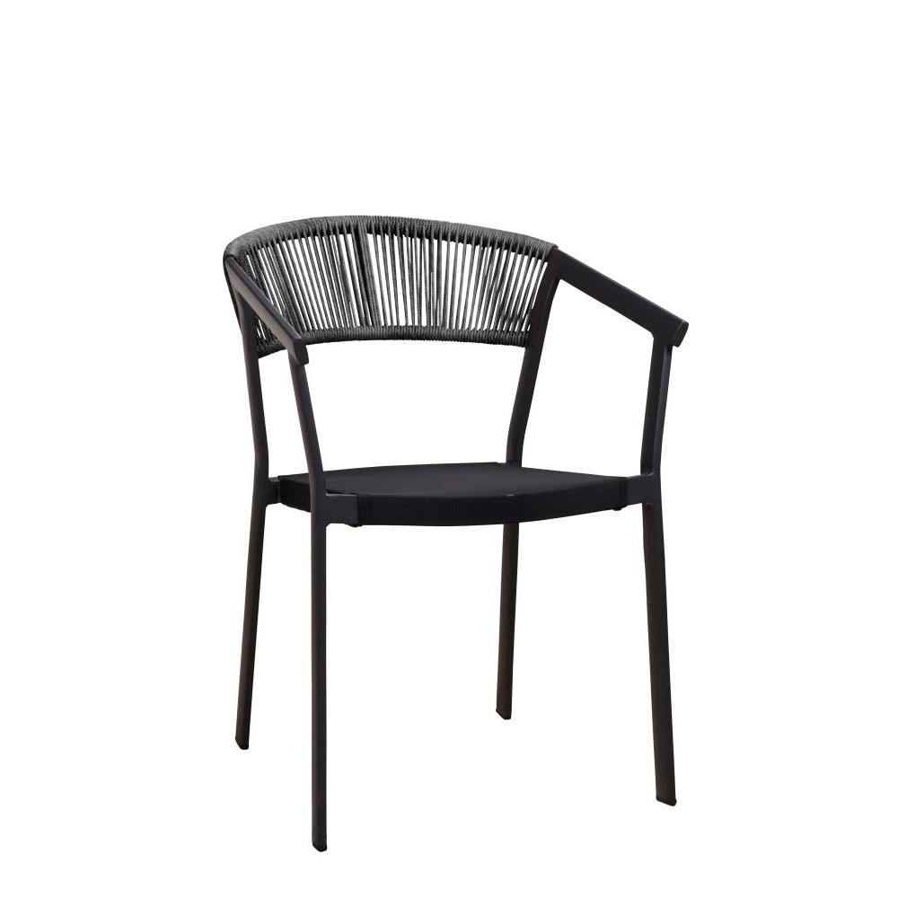 Gastronomie-Terrassenstuhl_Sponto_dark-grey_mont_vorne Sponto Duotone Grey Terrassenstuhl mit grauem Alugestell, Kunststoff-Geflecht & Textilen-Rückenlehne