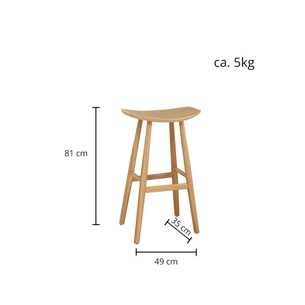 Barhocker Swina-Bar aus Eiche mit gewölbter Sitzschale, ohne Rückenlehne mit Maßen