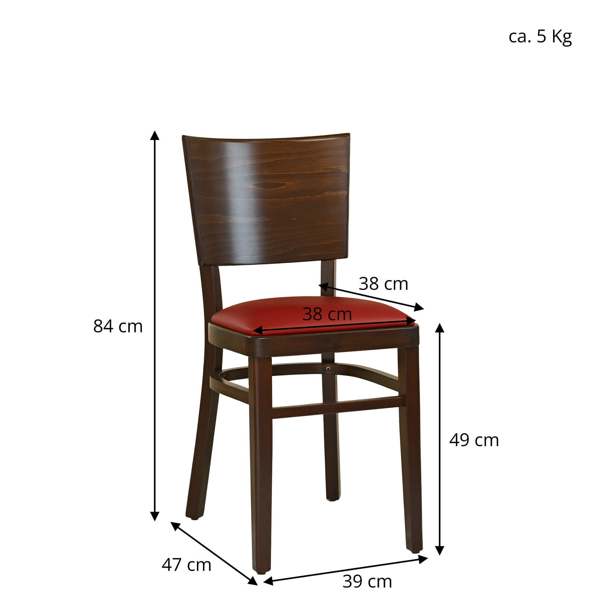 Muno-P mit Maßangaben: Höhe 84 cm, Sitzhöhe 49 cm, Breite 39 cm, Tiefe 47 cm, Sitzfläche 38×38 cm; roter Polstersitz.