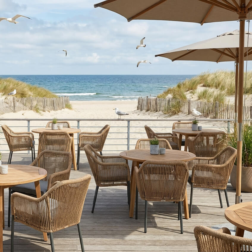 terrassenstuehle_gastronomie_Baleris_natur_gestell_milieubild_restaurant Baleris natur Outdoorstuhl mit Geflecht und Sitzkissen – Milieubild Restaurant
