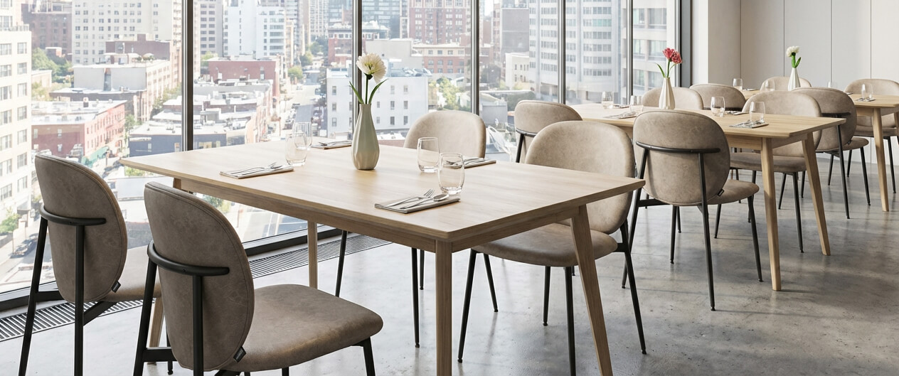 Gastronomiemöbel mit Tischen und Stühlen im Restaurant