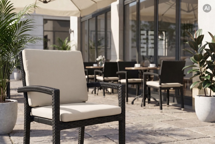 Outdoor-Sessel mit hellen Sitzkissen