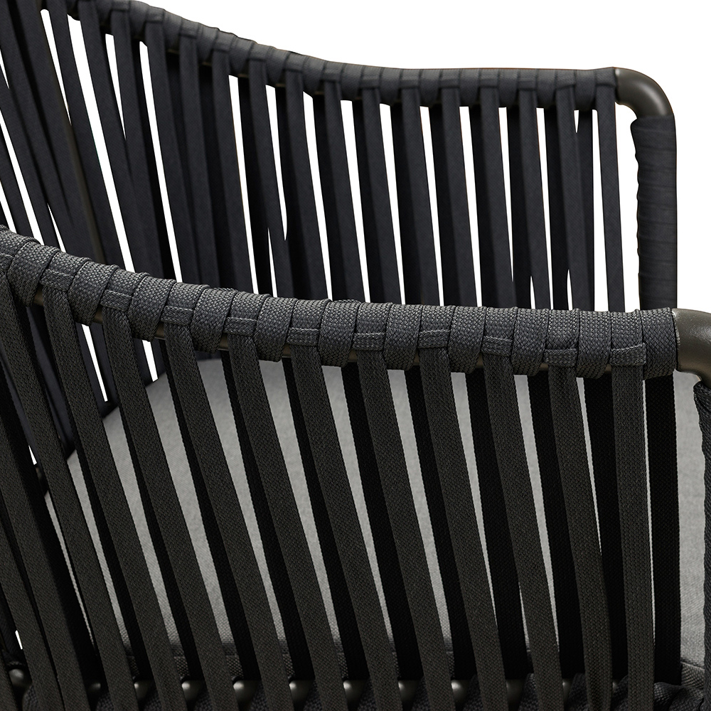 Gastronomie_Terrassenstuhl_Ramila-dark-grey_Detail-1_1000px Terrassenstuhl Ramila-48 Dark Grey mit beigem Aluminiumgestell und Textilen-Rücken, stapelbar und wetterfest für Gastronomie Detailansicht Geflecht
