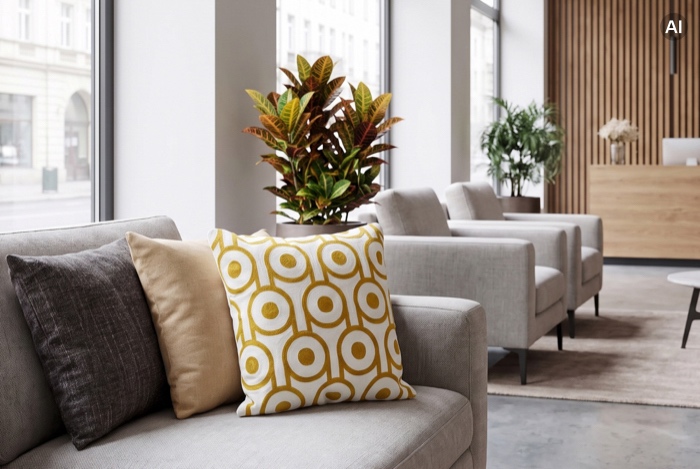 Gemustertes Kissen auf hellem Loungesofa