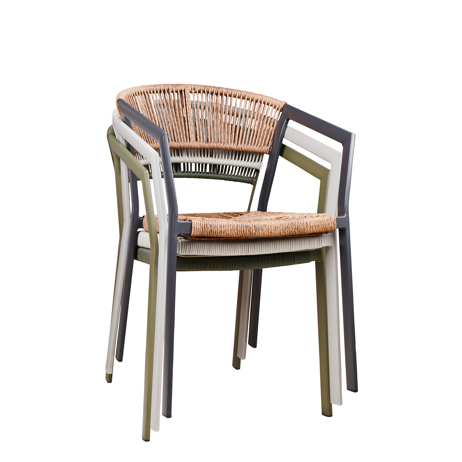 Sponto-X Gartenstühle in verschiedenen Farben platzsparend gestapelt – stapelbare Außenbestuhlung