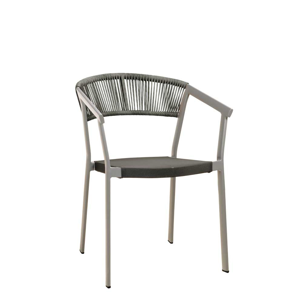 Gastronomie-Terrassenstuhl_Sponto_duotone-grey_mont_vorne Sponto Duotone Grey Terrassenstuhl mit grauem Alugestell, Kunststoff-Geflecht & Textilen-Rückenlehne