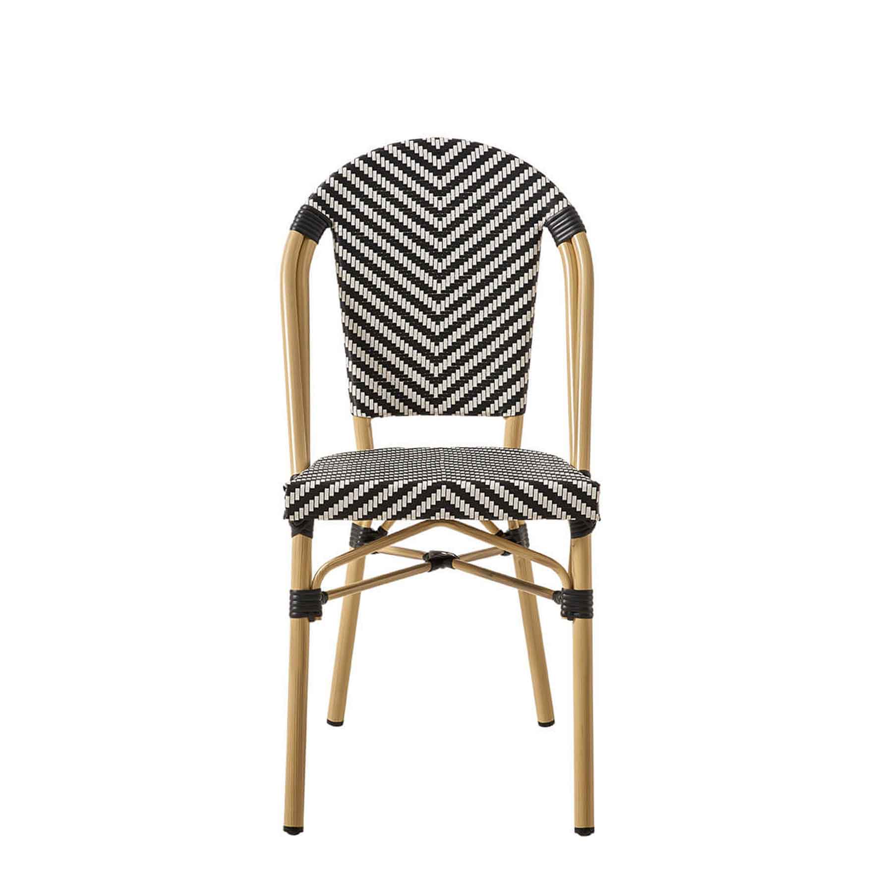 Zypern Black White Outdoorstuhl mit Rückenlehne mit schwarz-weißem Flechtmuster in Rattan-Optik - Frontalansicht