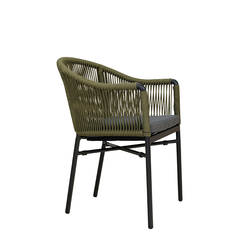 Ramila-TRR Green Terrassenstuhl mit beigem Aluminiumgestell und Textilen-Rücken, stapelbar und wetterfest für Gastronomie Seitenansicht