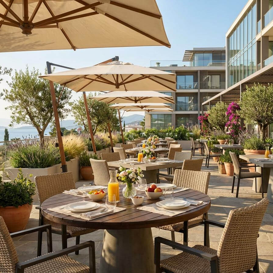 Benora Natur Outdoorstuhl mit Geflecht – Milieubild Terrasse