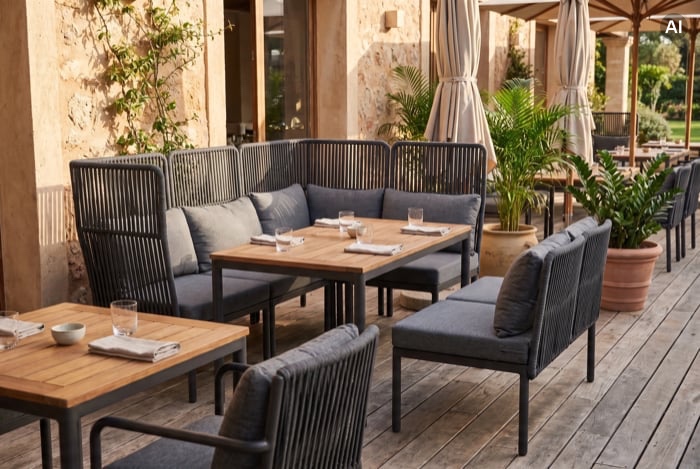 Outdoor-Bänke und Tische auf Restaurantterrasse