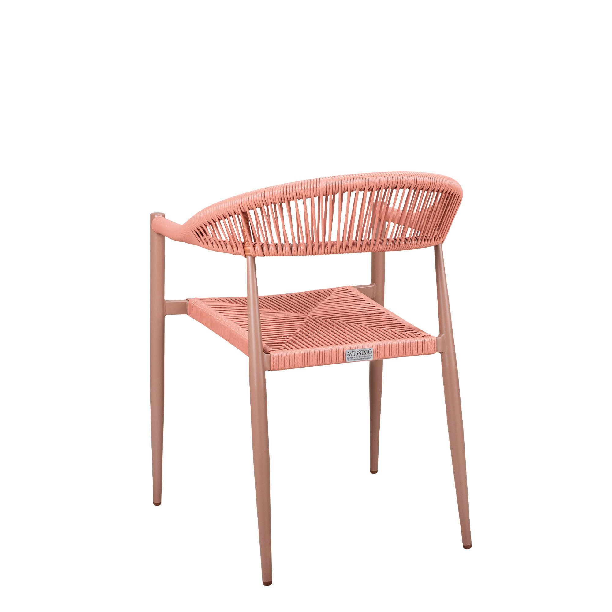 terrassenstuehle_gastronomie_Spidano_X_Coral_Coral_ Spidano-X Coral-Coral Outdoorstuhl mit Rücken- und Armlehne mit Korallfarbenen Flechtmuster- Rückansicht