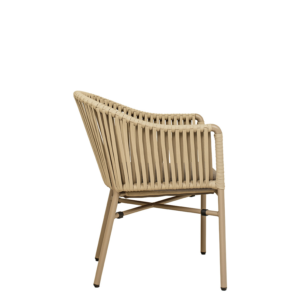 Gastronomie_Terrassenstuhl_Ramila-Macchiato_Seite_1000px Ramila Macchiato Terrassenstuhl mit beigem Aluminiumgestell und Textilen-Rücken, stapelbar und wetterfest für Gastronomie Seitenansicht