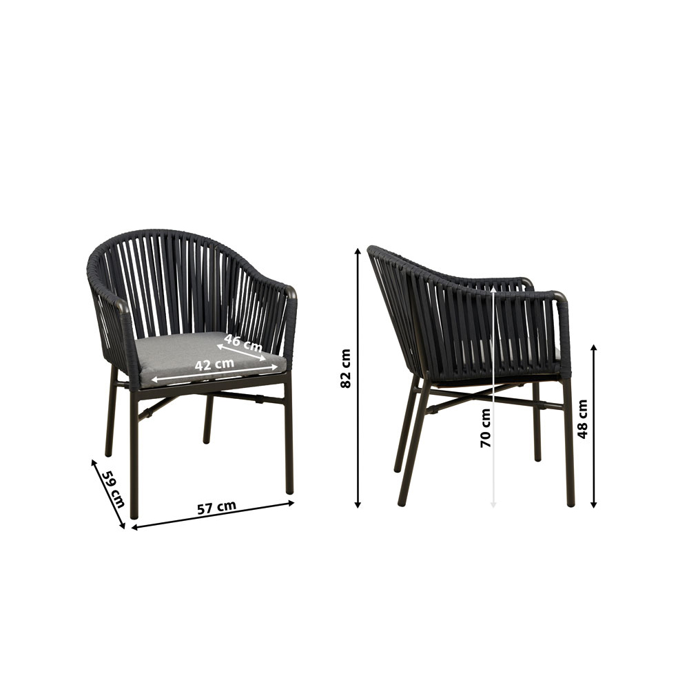 Gastronomie_Terrassenstuhl_Ramila-dark-grey_mass Terrassenstuhl Ramila-48 Dark Grey mit beigem Aluminiumgestell und Textilen-Rücken, stapelbar und wetterfest für Gastronomie Mit Bemaßung