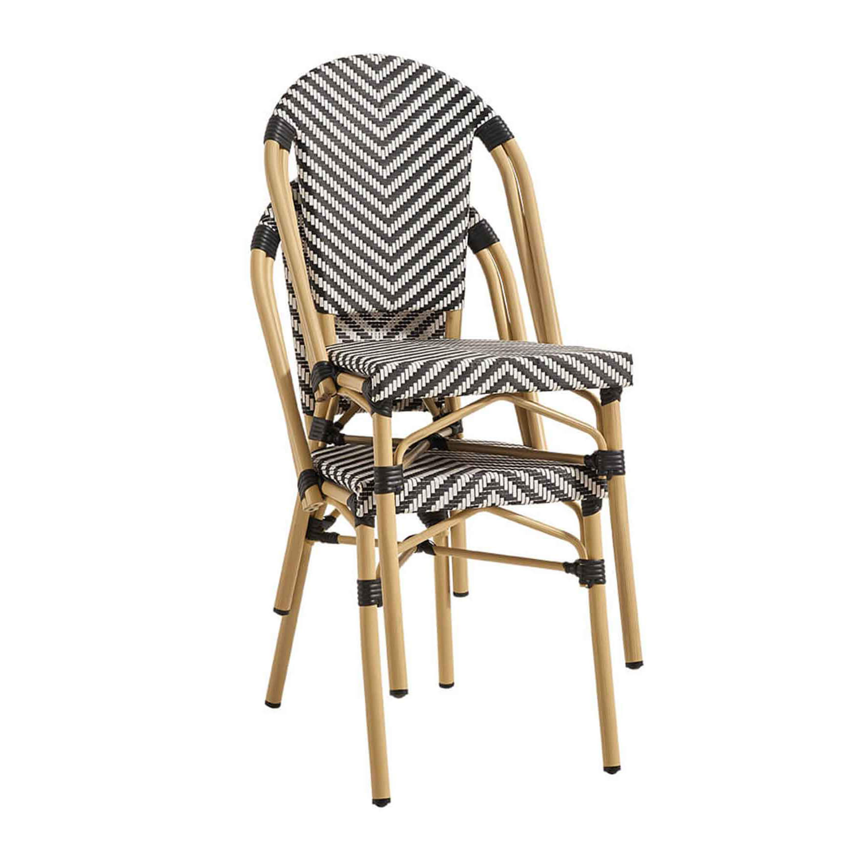 Zypern Black White Outdoorstuhl mit Rückenlehne mit schwarz-weißem Flechtmuster in Rattan-Optik - Stapelansicht