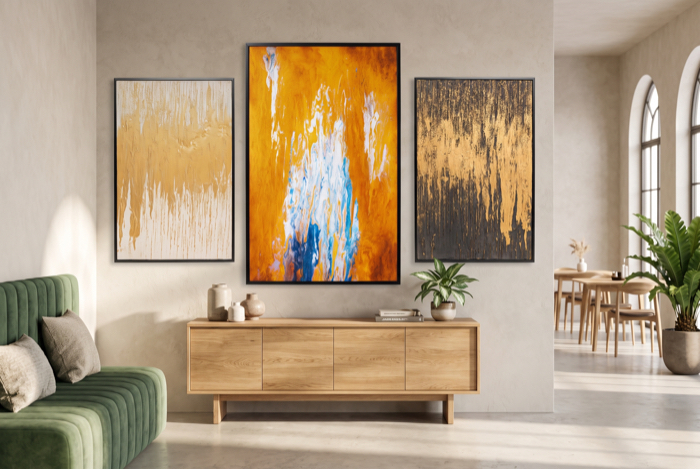 Wandbilder über einer Holzkommode im Innenraum