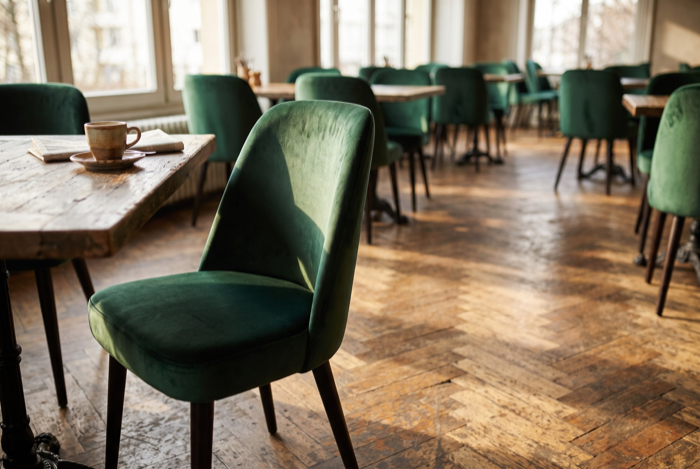 Grüne Polsterstühle an gedeckten Restauranttischen