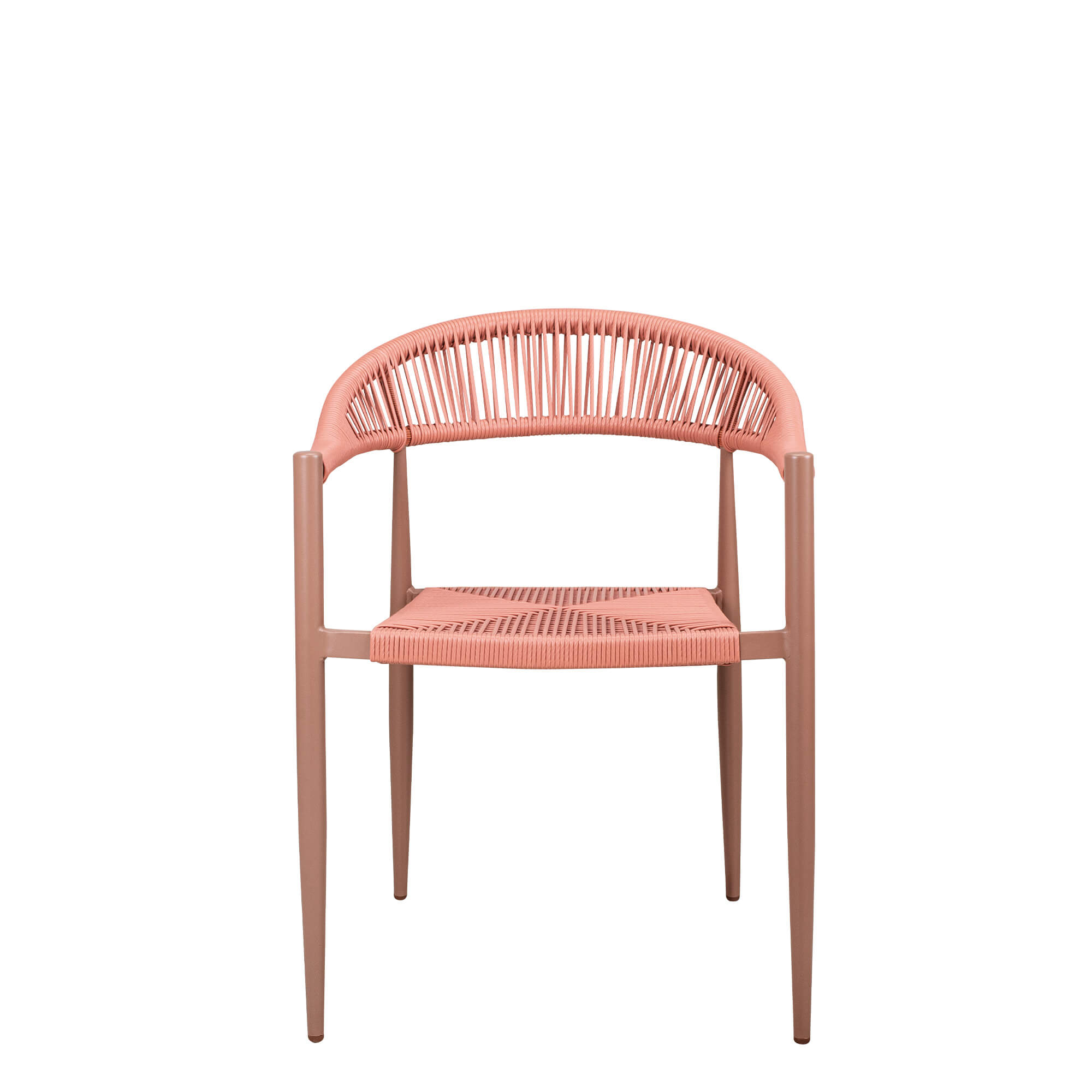 terrassenstuehle_gastronomie_Spidano_X_Coral_Coral_ Spidano-X Coral-Coral Outdoorstuhl mit Rücken- und Armlehne mit Korallfarbenen Flechtmuster- Frontalansicht