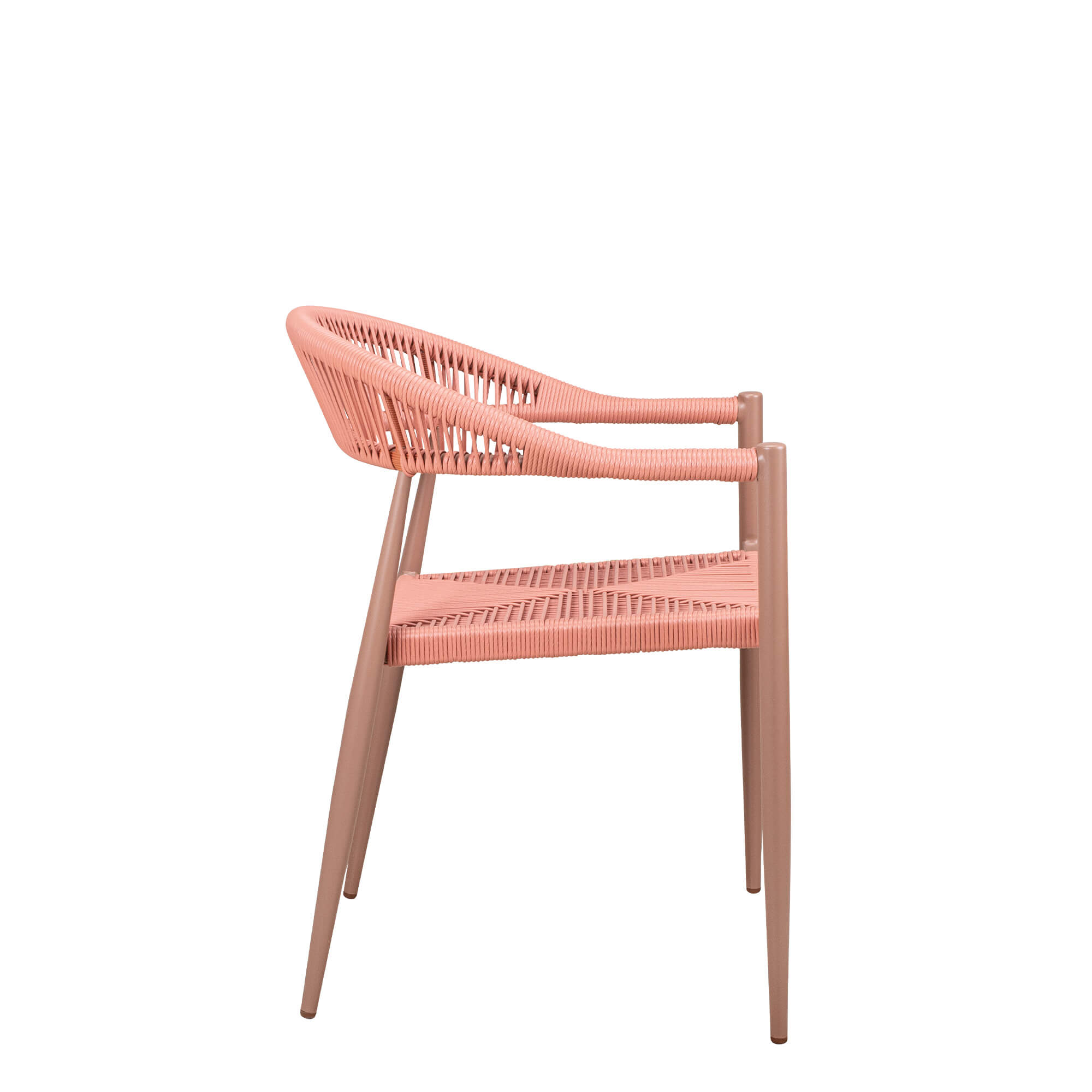 terrassenstuehle_gastronomie_Spidano_X_Coral_Coral_ Spidano-X Coral-Coral Outdoorstuhl mit Rücken- und Armlehne mit Korallfarbenen Flechtmuster- Seitenansicht