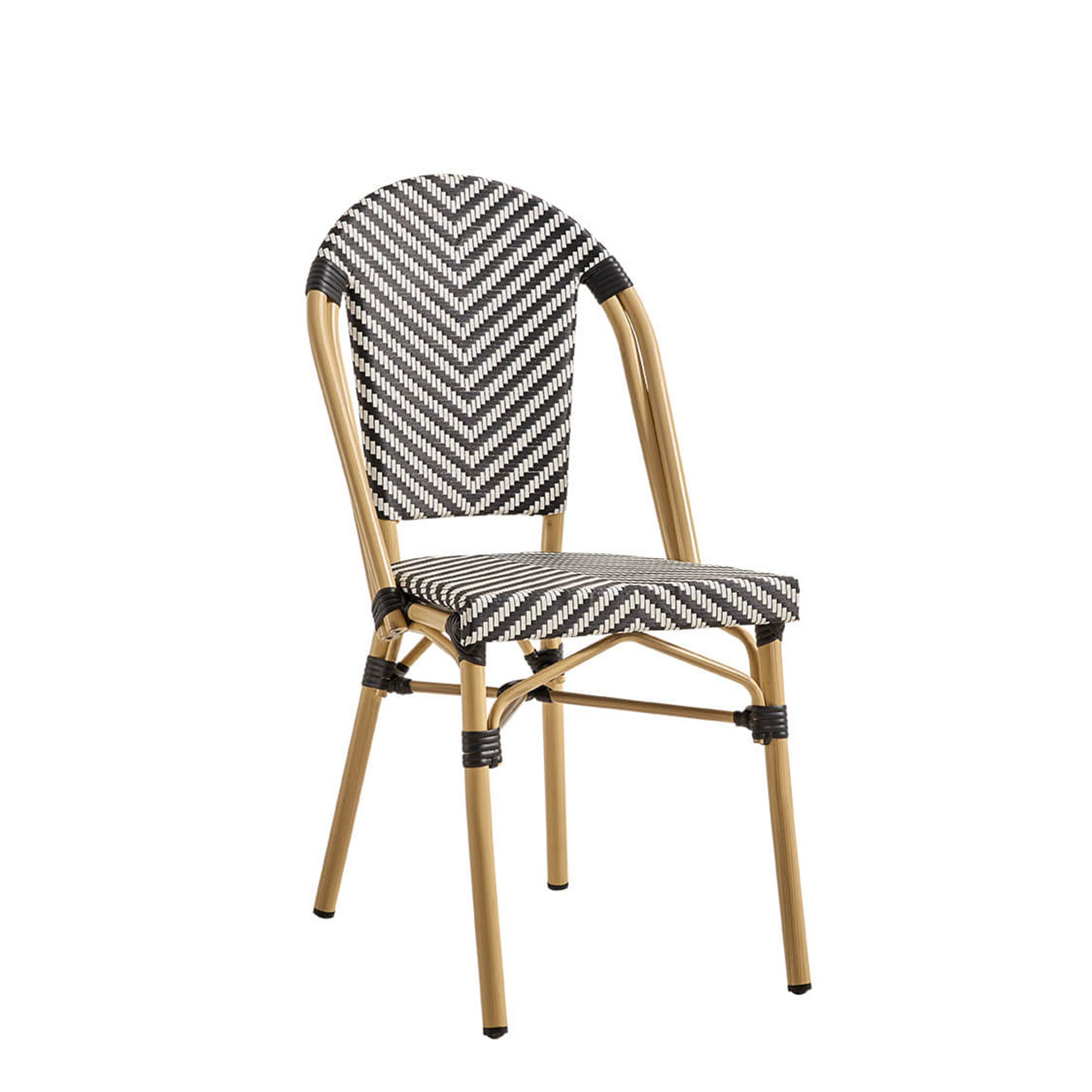 terassenstuehle_stapelbar_zypern_black_white_vorne Zypern Black White Outdoorstuhl mit Rückenlehne mit schwarz-weißem Flechtmuster in Rattan-Optik - Vorderansicht