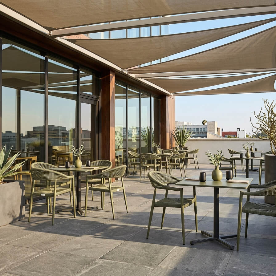 Outdoorstuhl mit Geflecht Spidano X green green – Milieubild Restaurant