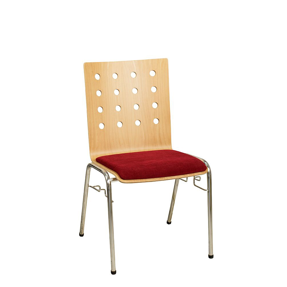Konferenzstuhl Eruno-510 mit rotem Sitzpolster, verchromtem Metallgestell, stapelbar Beizton: Buche natur | Bezug: Princess 140