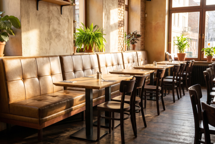 Restaurantbänke mit Füßen an gedeckten Tischen