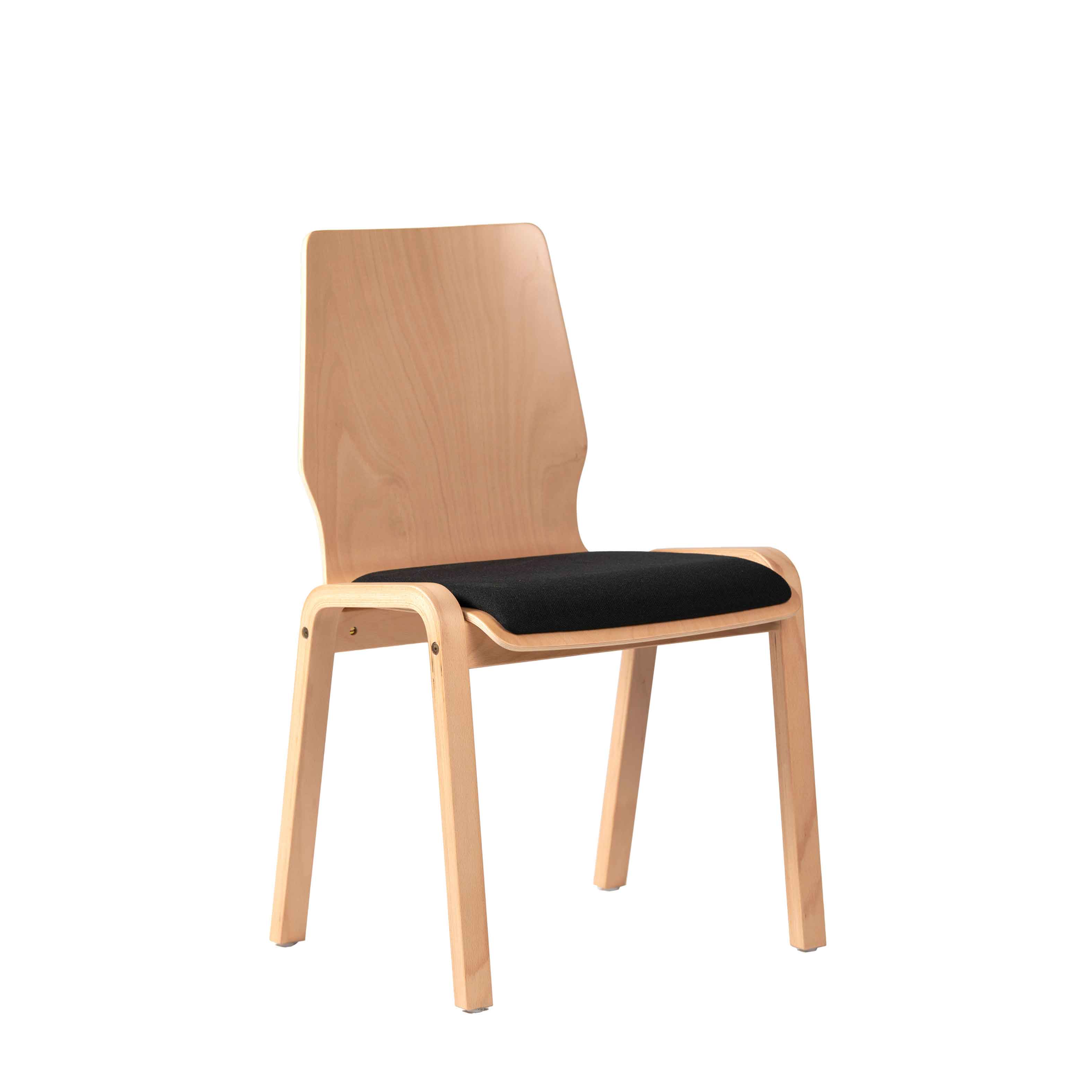 konferenzstuhl_stapelbar_eruno_210_w_vorne_ Konferenzstuhl Eruno 210 W mit Rückenlehne und Sitzpolster aus Buchenholz - Schräge Vorderansicht