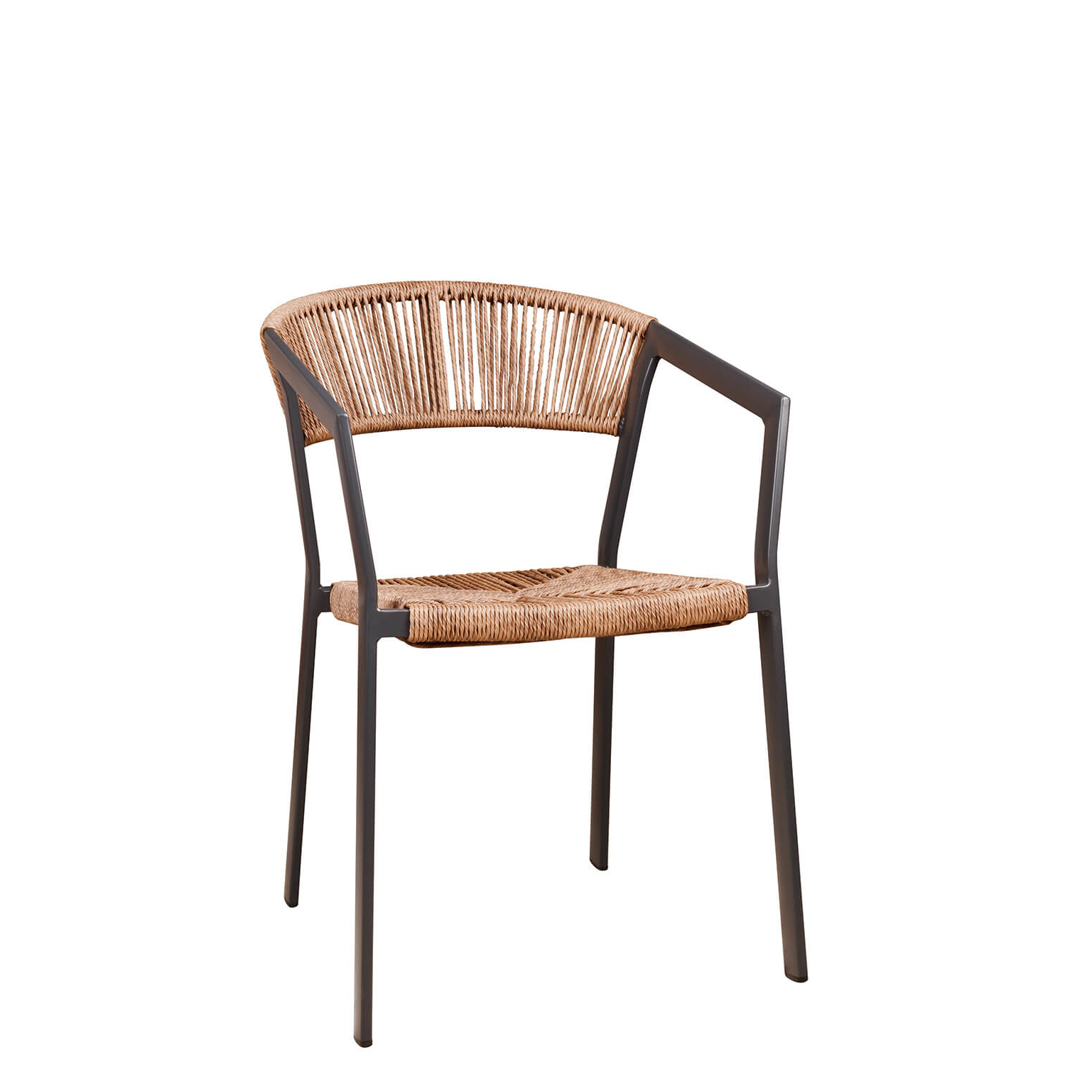 Gastronomie-outdoor-stuhl-Sponto_X_Natur_vorne Sponto-X Natur Outdoorstuhl in schräger Frontansicht – naturfarbenes Geflecht mit anthrazitfarbenem Gestell