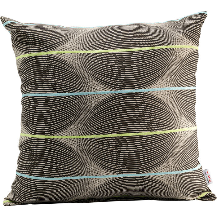 Gastronomie_kissen_Onego_40x40cm_limited_frontal Kissen Onego Limited 40x40 cm mit abstraktem Wellenmuster in Braun, Beige und Schwarz, akzentuiert durch feine Linien in Grün und Hellblau