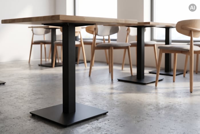 Tischgestelle mit Platten und Stühlen im Innenbereich