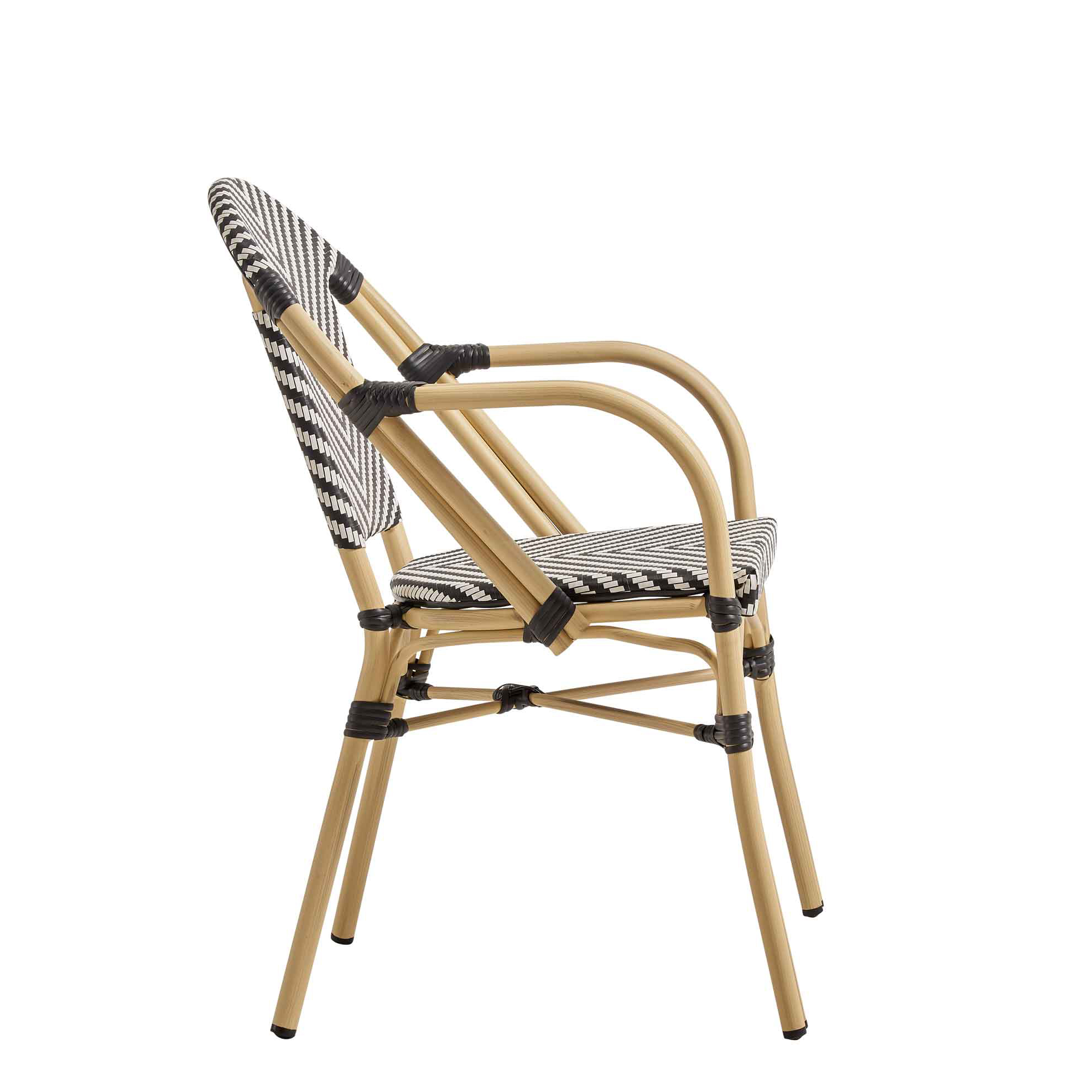 gastro_terrassenstühle_zypern_arm_black_white_seite Zypern Arm Black White Outdoorstuhl mit Armlehnen und schwarz-weißem Flechtmuster – Seitenansicht