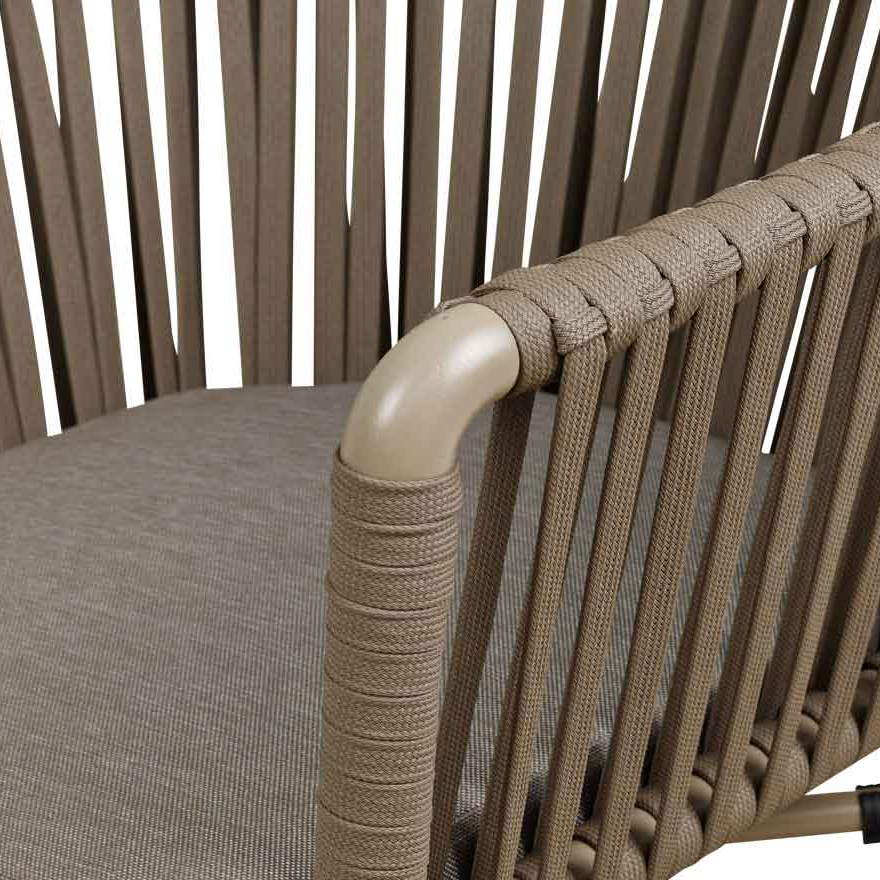 Ramila-48 Brown Terrassenstuhl mit beigem Aluminiumgestell und Textilen-Rücken, stapelbar und wetterfest für Gastronomie Detailansicht Seite