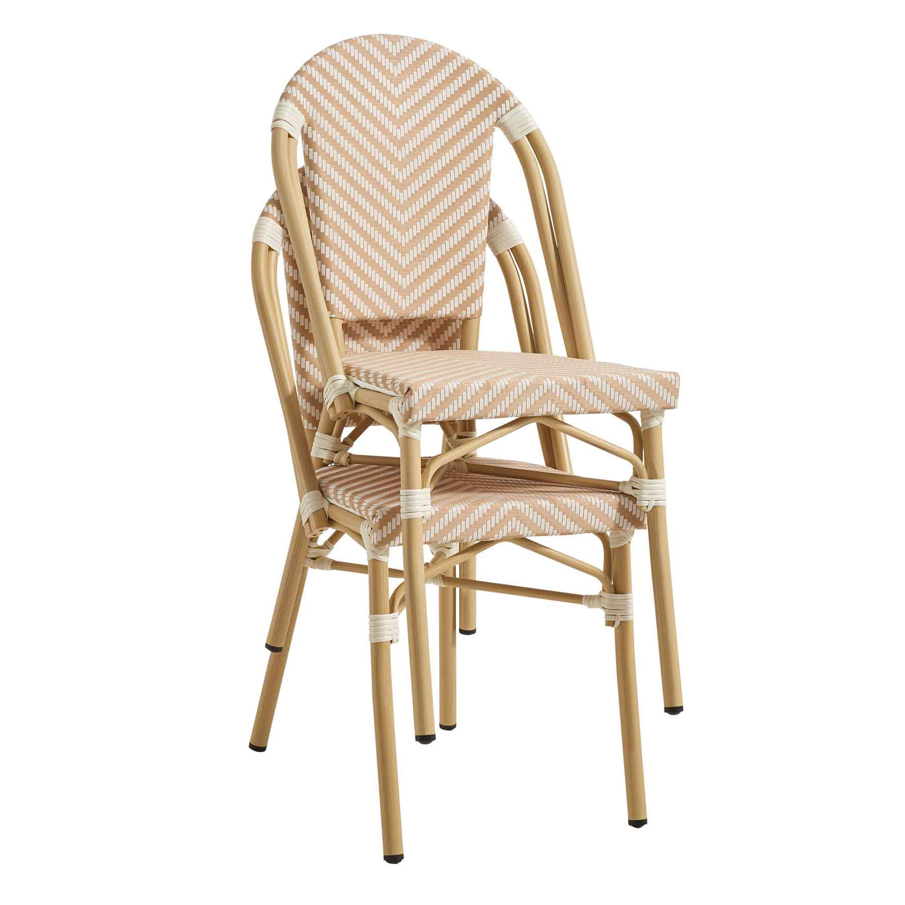 terassenstuehle_stapelbar_zypern_cream_white_stapel Zypern Cream White Outdoorstuhl mit Rückenlehne mit beige-weißem Flechtmuster in Rattan-Optik - Stapelansicht