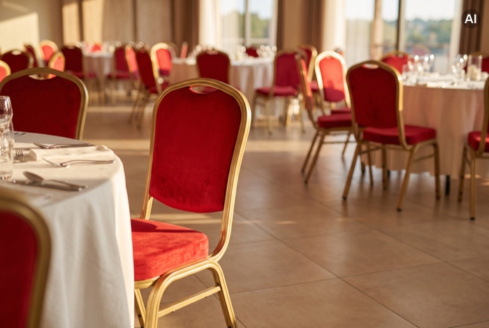 Rote Bankettstühle in festlichem Saal