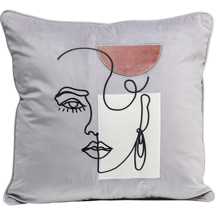 Gastronomie_kissen_ Mademoiselle_45x45cm_frontal Kissen Mademoiselle 45x45 cm mit abstraktem Gesichtsmotiv in Schwarz auf grauem Stoff mit roséfarbenem Akzent