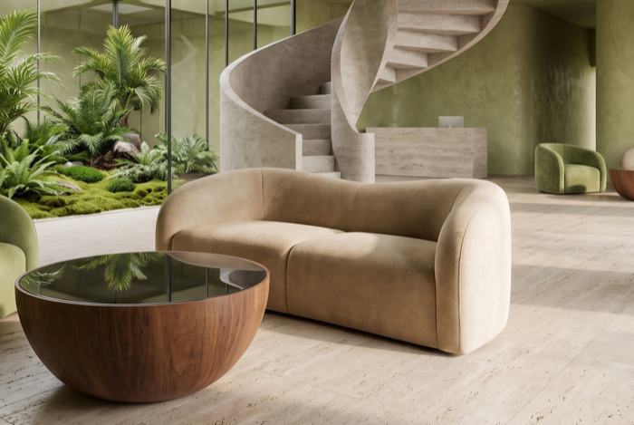 Runder Loungetisch neben hellem Sofa