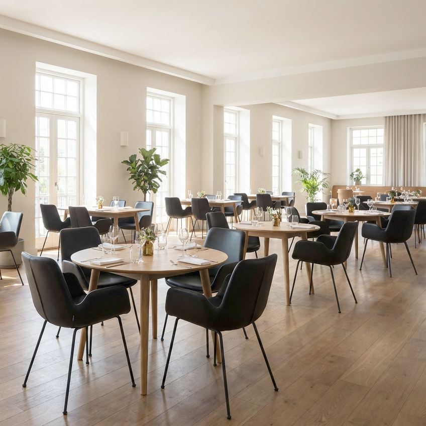 Rito Arm Antique Black Vollpolsterstuhl für Gastronomie – Millieubild Restaurant