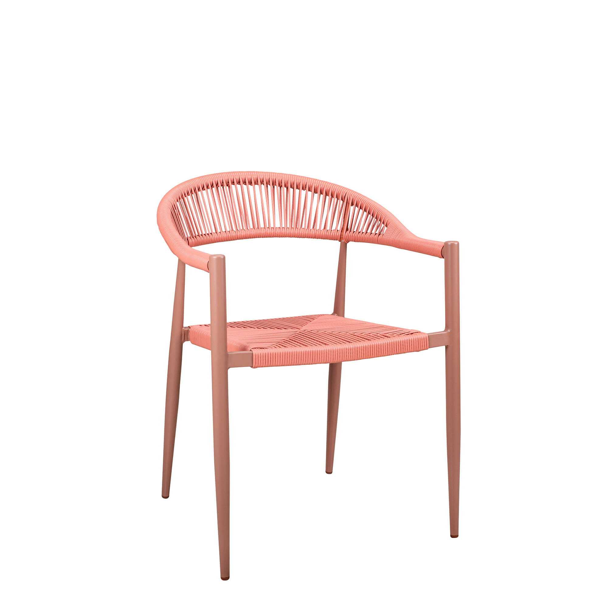 terrassenstuehle_gastronomie_Spidano_X_Coral_Coral_ Spidano-X Coral-Coral Outdoorstuhl mit Rücken- und Armlehne mit Korallfarbenen Flechtmuster- Vorderansicht