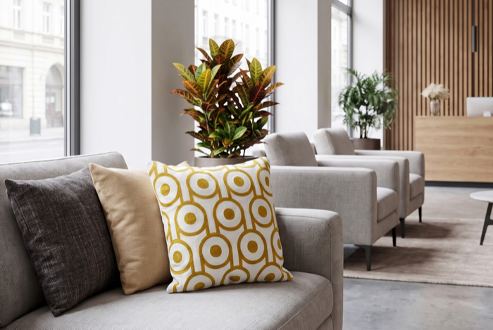 Gemustertes Kissen auf hellem Loungesofa