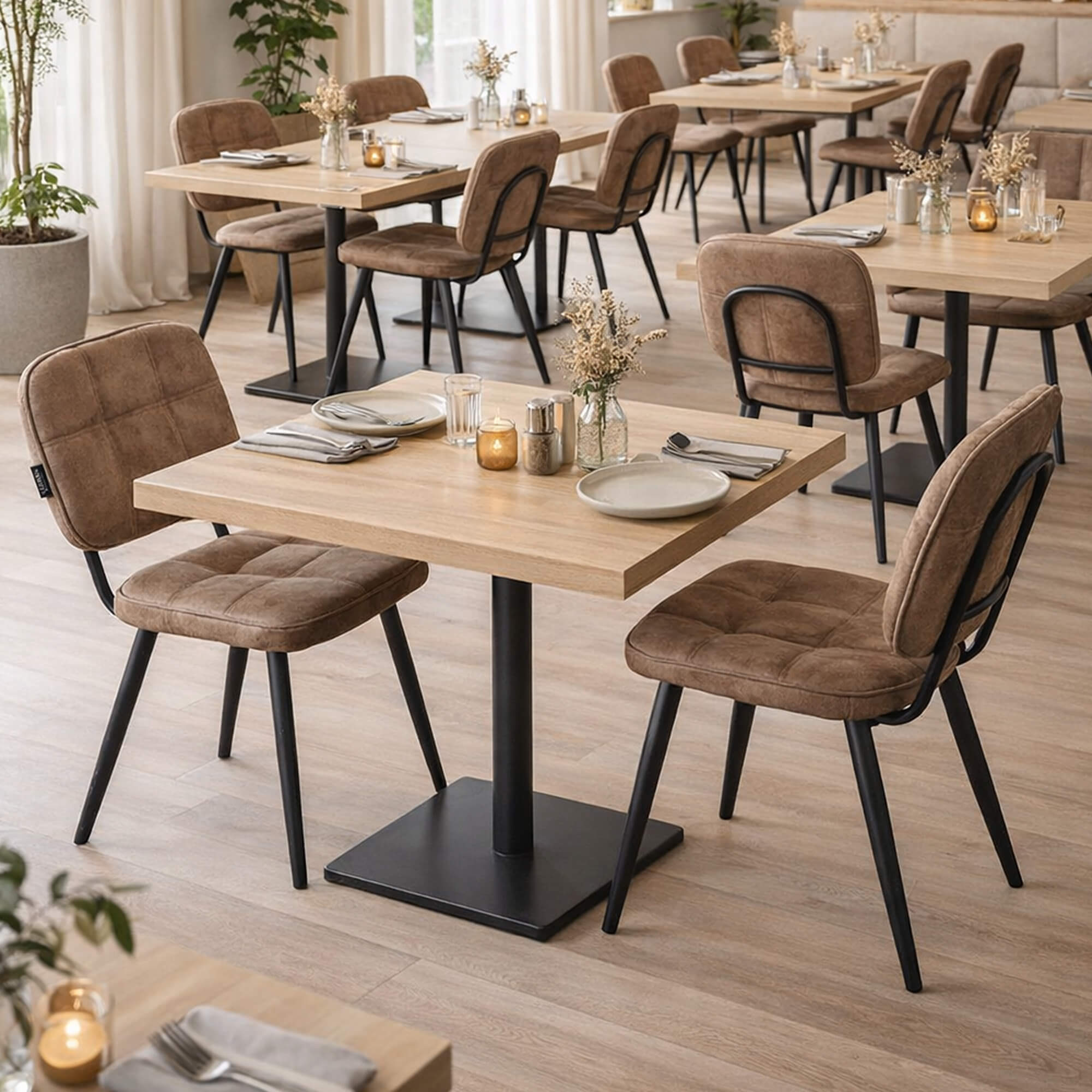 Gastronomiestuhl Bisano – brauner Gastronomiestuhl mit gepolsterter Sitz- und Rückenfläche im Industrial-Restaurant