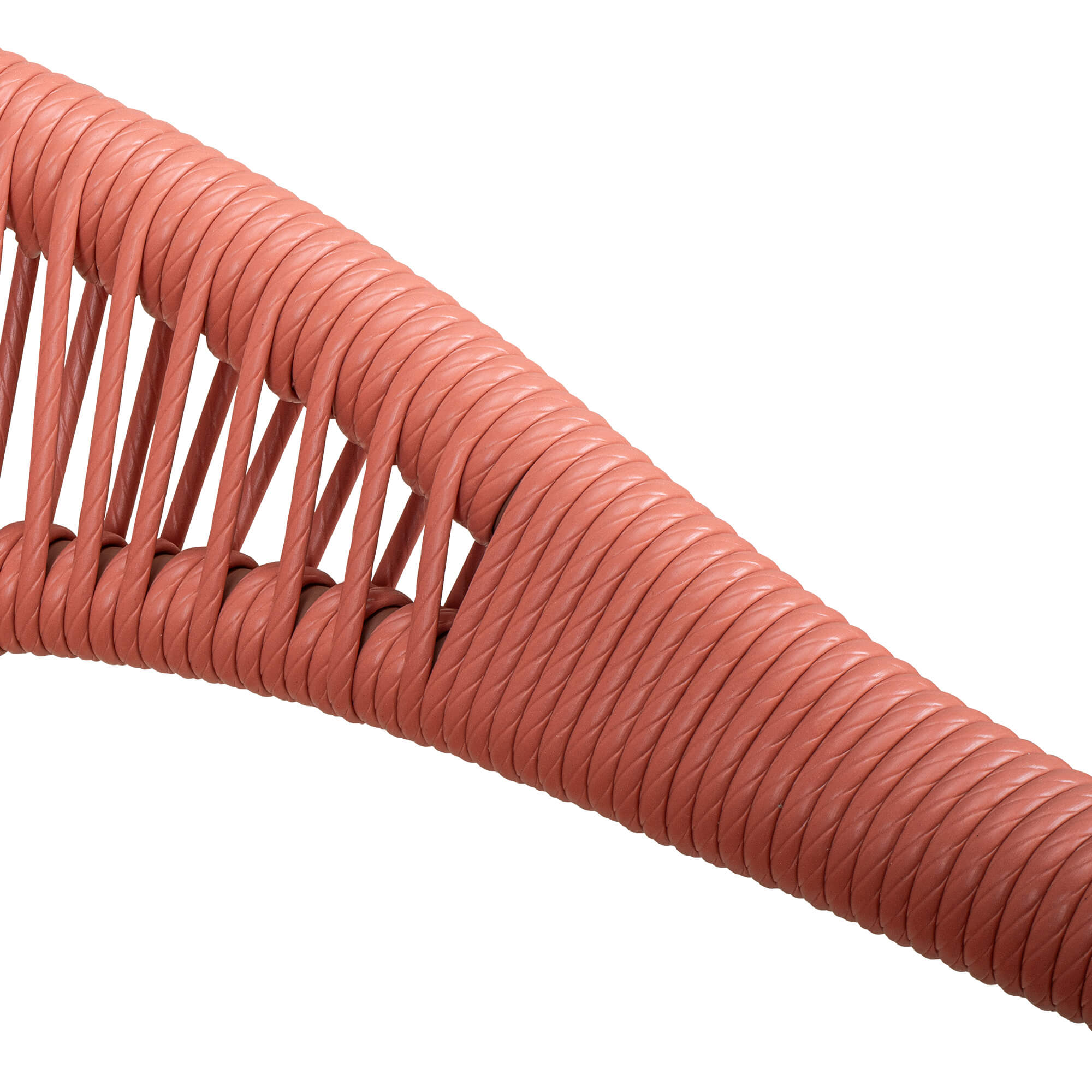 Spidano-X Coral-Coral Outdoorstuhl mit Rücken- und Armlehne mit Korallfarbenen Flechtmuster- Detailansicht Flechtmuster Armlehne Übergang Rückenlehne